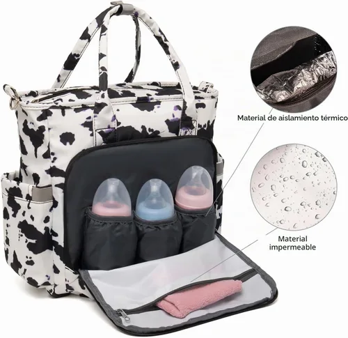 Vista 3 de Bolsa de pañales para bebé, portátil, impermeable y de gran capacidad, con correa para el hombro, ganchos para cochecito blanco