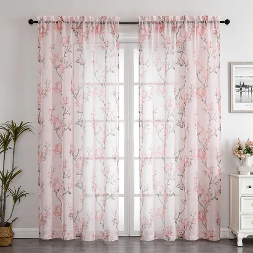 Vista 19 de SMILE WEAVER 2 paneles de cortinas traslúcidas turquesa de 45 pulgadas de largo, para sala de estar, cortinas semitransparentes florales