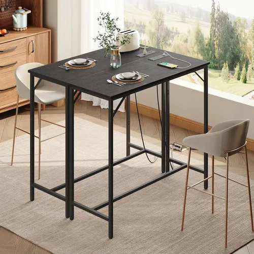 Vista 2 de HOOBRO Mesa de bar con estación de carga, mesa de pub rectangular, mesa de café alta, mesa de bar de altura de mostrador, mesa de comedor estrecha