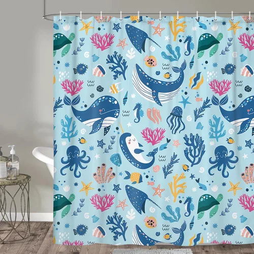 Vista 2 de Cortina de ducha náutica para niños, azul bohemio, océano, tiburón, abstracto, dibujos animados, decoración de baño, con cortinas de ducha de tela