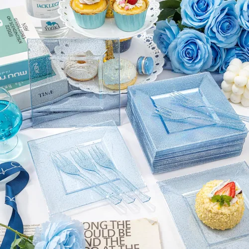 Vista 5 de DaYammi 100 platos de postre con purpurina azul, que incluyen 50 platos de aperitivo de 6 pulgadas y 50 tenedores de plástico de 5.7 pulgadas, plato