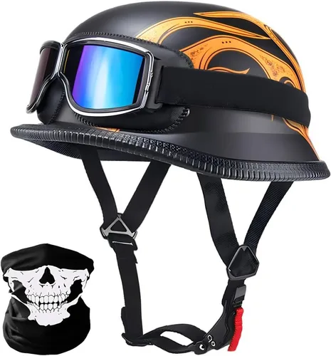Vista 8 de Casco de motocicleta de estilo alemán, casco de media concha para adultos, hombres y mujeres, casco de motocicleta ligero retro aprobado por DOT