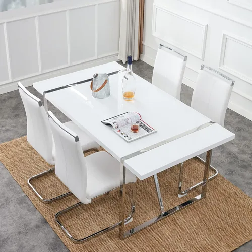 Vista 10 de Juego de sillas de mesa de comedor para 4, mesa de cocina rectangular moderna de 55 pulgadas con sillas acolchadas de cuero, juego de mesa de Negro