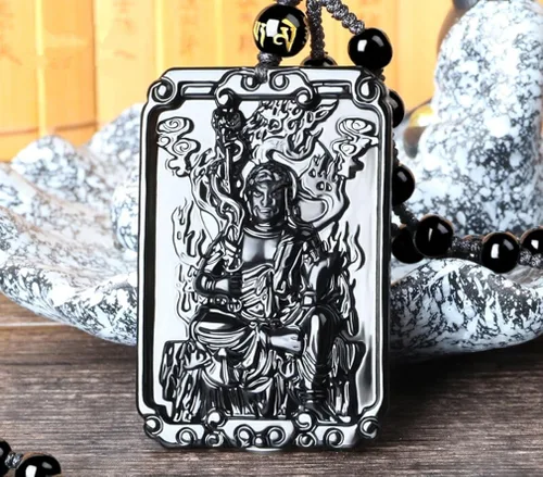Vista 4 de Sánscrito de obsidiana genuina tallada a mano collar de Buda inamovible, collar de amuleto, Obsidiana