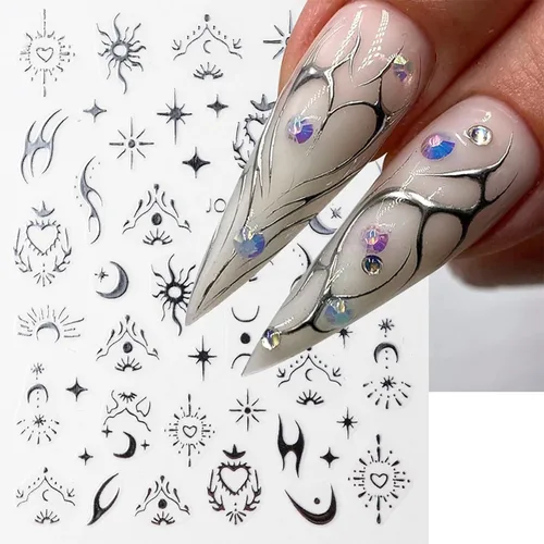 Vista 11 de Calcomanías líquidas para arte de uñas, diseño de mariposa, negro, plateado, mariposa, luna, 3D, autoadhesivas, suministros de arte de uñas