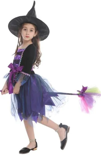 Vista 4 de Disfraz de bruja infantil para niñas, disfraz de bruja de Halloween con sombrero, fiesta de disfraces