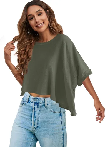 Vista 4 de LAMISSCHE Camiseta corta sexy de gran tamaño con cuello redondo y manga corta para mujer, camisetas básicas sólidas