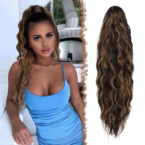 Vista 27 de FESHFEN Extensiones de cola de caballo – 26 pulgadas cordón largo rizado ondulado clip en colas de caballo pelo sintético extensiones de cola
