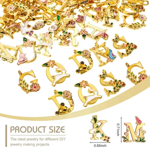Vista 2 de Hicarer 78 piezas de dijes de letras del alfabeto con inicial A-Z, estilos de flores, colgante del alfabeto, collar para manualidades, joyería
