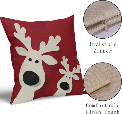 Vista 4 de Juego de 2 fundas de almohada rojas de Navidad de 16 x 16 pulgadas, decoración de Navidad de ciervos de Navidad, estampado de invierno, fundas