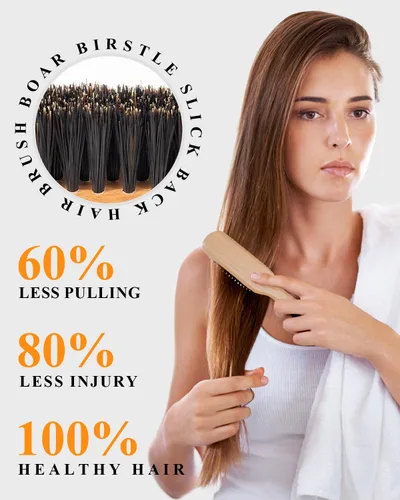 Vista 6 de Cepillo de pelo 100 % con cerdas de jabalí Mango de madera de melocotón natural Restaura el brillo, controla el encrespamiento, suaviza