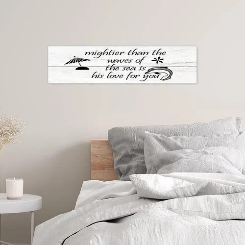 Vista 6 de Letrero de madera retro con texto en inglés "Mightier Than The Waves of The Sea Is His Love for You", 4 x 16 pulgadas, arte decorativo de pared