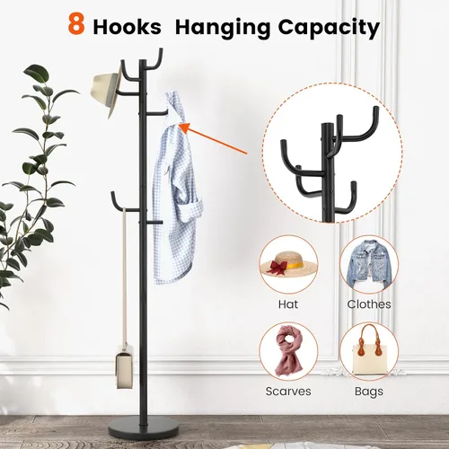 Vista 7 de Tangkula Perchero independiente, árbol de metal resistente con 8 ganchos, soporte para colgar abrigos con base ampliada de 13 pulgadas, árbol