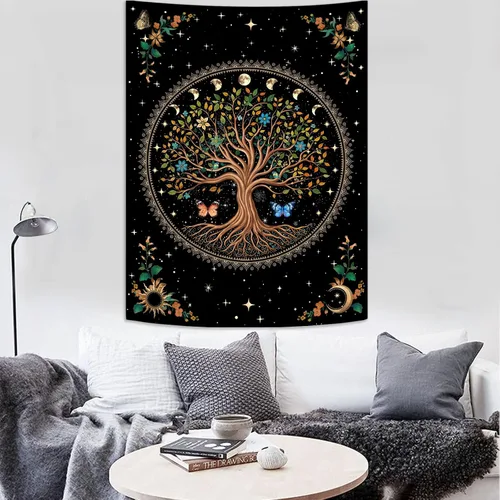 Vista 4 de Lunerfex Tapiz de árbol de la vida, tapiz de pared de fase lunar, tapices verdes para dormitorio, techo, tapices para colgar en la pared