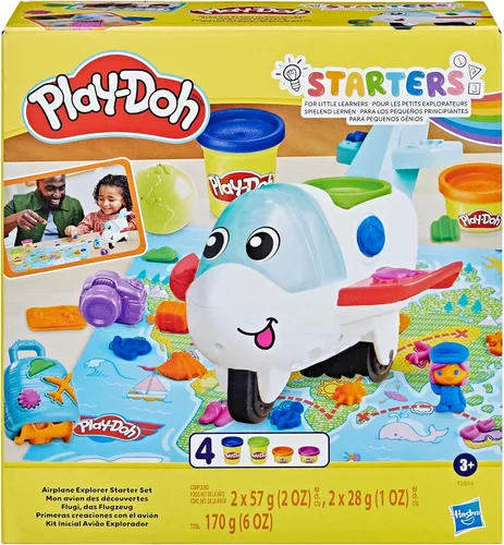 Vista 2 de Play-Doh Airplane Explorer - Juego de iniciación, juguetes preescolares para niñas y niños de 3 años y más con Jet, tapete de juego de mapa