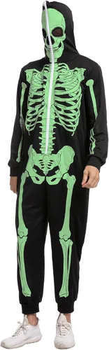 Vista 2 de Spooktacular Creations Mono de esqueleto para adultos, pijama para hombre, que brilla en la oscuridad, con cremallera, disfraces con capucha