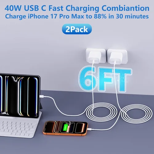 Vista 6 de Cargador para iPhone 17 16 15 de carga rápida, cargador USB C dinámico de 40 W con cable [Apple MFi Certified] 3A 6.6ft Type-C Cable Data Sync for
