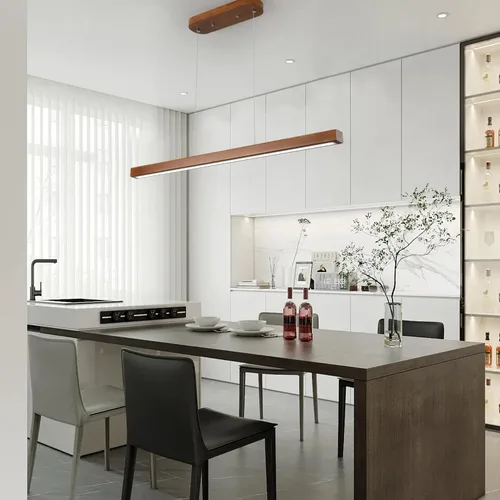 Vista 4 de Lámpara colgante lineal de madera de 31.5" – Lámpara de araña LED regulable con control remoto, iluminación moderna ajustable de estilo granja