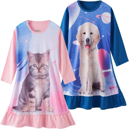 Vista 9 de Camisones de noche de algodón de manga larga para niñas, vestido de noche de 2 a 9 años, paquete de 2