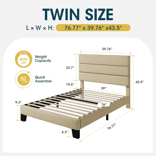 Vista 2 de WEEWAY Base de cama tamaño individual con cabecera tapizada de tela de lino y soporte de listones de madera, base de colchón resistente, no necesita