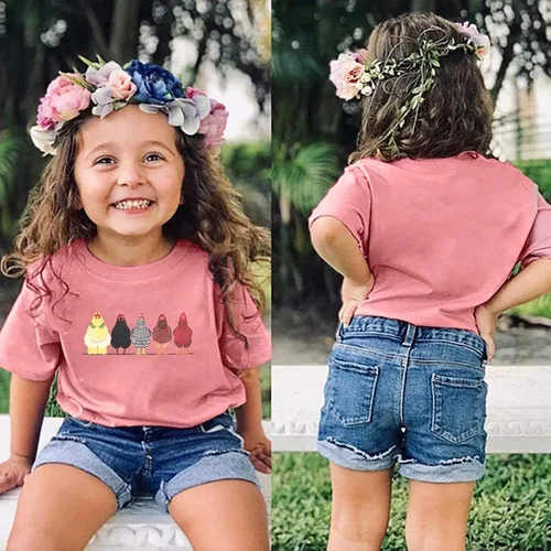 Vista 2 de HIBRO Chicken Farmer - Camiseta de algodón con estampado de granja de pollos para niño y niña