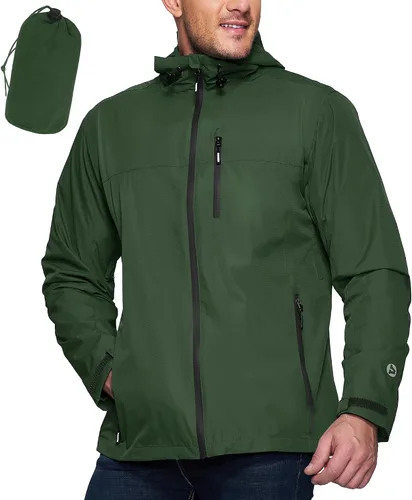 Vista 12 de Outdoor Ventures Chaqueta impermeable plegable con capucha para hombre, ligera, resistente al viento, para ciclismo