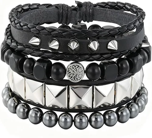 Vista 8 de Eigso Juego de pulsera punk de cuero negro para hombres y mujeres clásicas Vintgae tachonadas con picos de los años 80 para hombre y mujer
