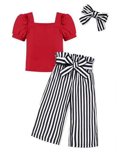 Vista 35 de DONWEN Conjunto de 3 piezas de ropa para niñas pequeñas y niñas con cuello cuadrado + pantalones elegantes + diadema para primavera y verano
