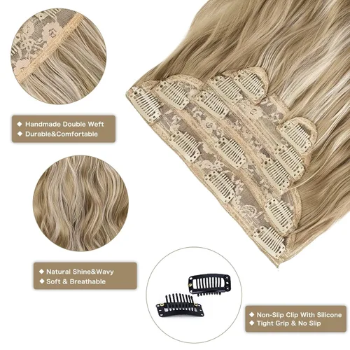 Vista 3 de WECAN Extensión de cabello con clip, de 20 pulgadas, mezcla de rubio ceniza y rubio decolorado, 6 piezas, extensiones de cabello largo ondulado