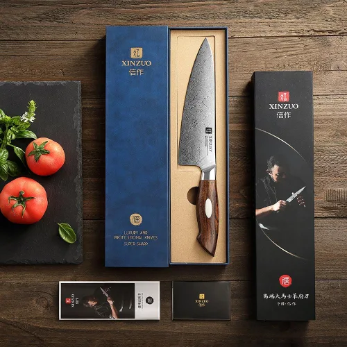 Vista 7 de XINZUO Cuchillo de chef de acero de Damasco de 8.3 pulgadas, 110 capas, cuchillo de cocina profesional forjado a mano, espiga completa, cuchillo
