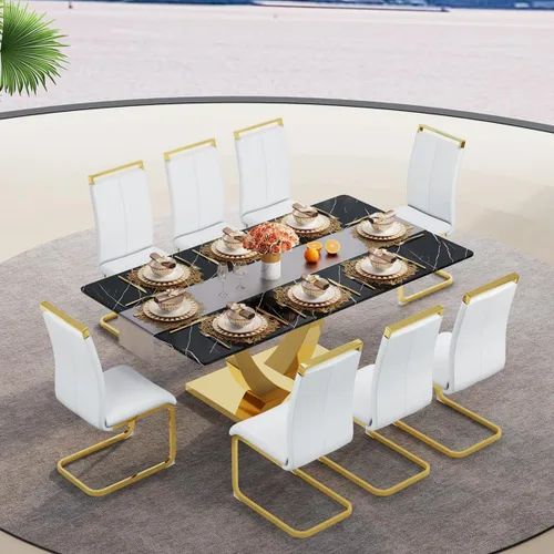 Vista 28 de Juego de mesa de comedor negra para 4, 63 x 35.4 x 30 pulgadas, mesa de comedor moderna rectangular con patas y base de acero inoxidable, sillas