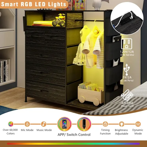 Vista 3 de Espelism Cómoda para dormitorio con perchero, bolsillos laterales, cómoda de 5 cajones con estación de carga, luces LED, cómoda de almacenamiento