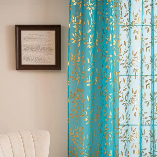 Vista 65 de Deeprove Cortinas traslúcidas color aguamarina y dorado de 63 pulgadas de largo, 2 paneles para decoración de dormitorio, cocina, decoración