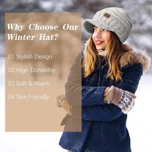 Vista 5 de Gorros de invierno para mujer Gorro de punto grueso, cálido y elegante, suave, elástico, lindo gorro de invierno para mujer con visera