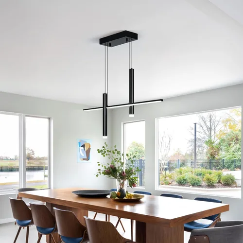 Vista 3 de Moderna lámpara colgante lineal LED con focos duales, regulable, 6000 K, luces colgantes de isla de cocina, candelabros negros chapados en isla