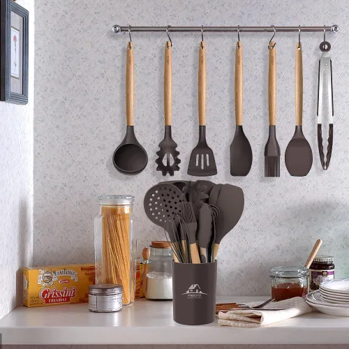 Vista 7 de MIBOTE Juego de utensilios de cocina de silicona con soporte, mangos de madera, pinzas para voltear, espátula, cuchara, utensilios de cocina