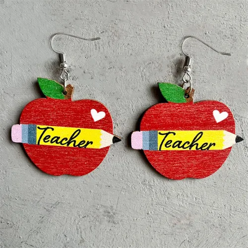 Vista 6 de Aretes colgantes creativos para profesores, estudiantes, libro de madera, regla, globo, tijeras, aretes colgantes para mujeres y niñas, joyería