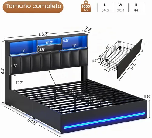 Vista 2 de AOGLLATI - Bastidor de cama tamaño completo con elegante cabecero tipo estantería y estación de carga y luces LED, bastidor de cama tamaño completo