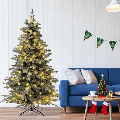 Vista 9 de HipTree Árbol de Navidad artificial de 1.8 m con nieve flocada y 200 luces LED de doble color, árbol de Navidad blanco iluminado para decoración