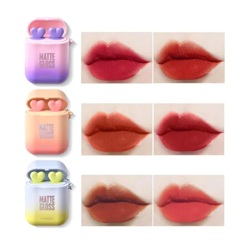 Vista 5 de Juego de 2 lápices labiales mate, juego de 2 unidades, impermeables, de larga duración, de terciopelo hidratante, para manchas de labios, base