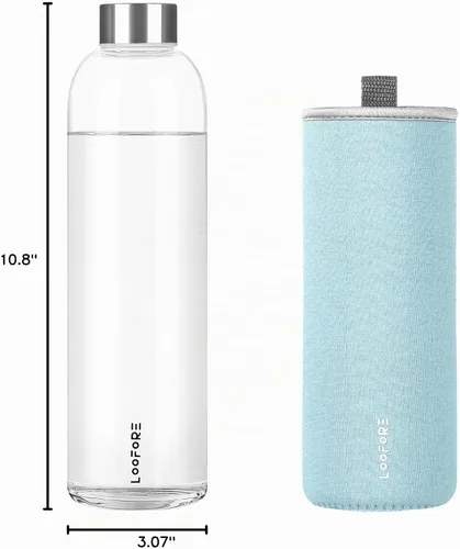 Vista 8 de Botella de agua de vidrio de 32 onzas con tapa y funda de neopreno, color azul claro Glass Drinking Bottle 1000ml, Reusable Bpa Free, Leakproof