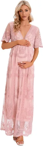 Vista 4 de ZIUMUDY Vestido de novia de maternidad con cuello en V y encaje floral de manga corta para sesión de fotos, baby shower