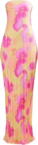 Vista 5 de KMBANGI Vestido largo de tubo plisado floral rosa para mujer, sin mangas, hombros descubiertos, sin tirantes, sin espalda, vestido de fiesta S, M