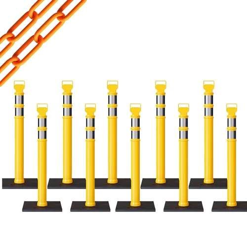 Vista 45 de CCW 10-Pack 45" Delineador Post Kit, 3" Collares reflectantes, 10 lb Base de goma (10 postes azules con cadena negra de 50 pies)