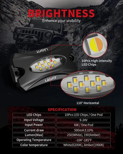 Vista 6 de LASFIT Luces de roca Switchback ámbar y blancas con interruptor de palanca, luces LED para pozo de rueda, kit de iluminación de neón