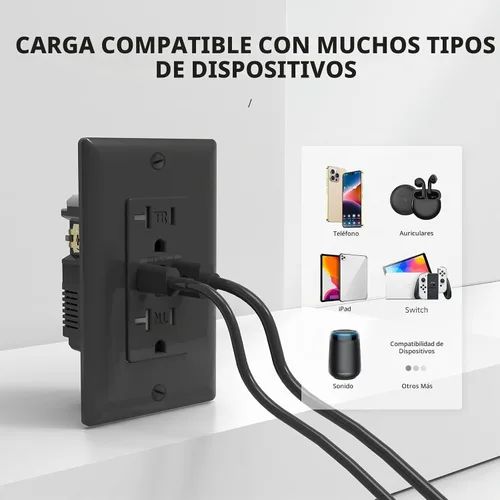 Vista 4 de Toma USB C, receptáculo de carga de alta velocidad de 6.0 A con puerto tipo C y A, receptáculo dúplex resistente a manipulaciones de 20 amperios