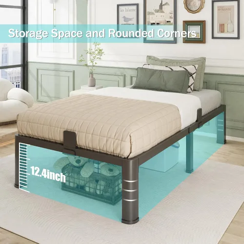 Vista 5 de Firpeesy 14 Inch Twin Size Bed Frame, Sturdiness Metal Twin Platform Bed Frame with Storage, No Box Spring Needed, Noiseless, Ease of Assembly