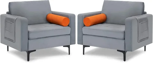 Vista 15 de Giantex Sofá individual, silla decorativa, sillón con cojín cómodo, bolsillos para revistas, sala de estar, silla de ocio tapizada para dormitorio