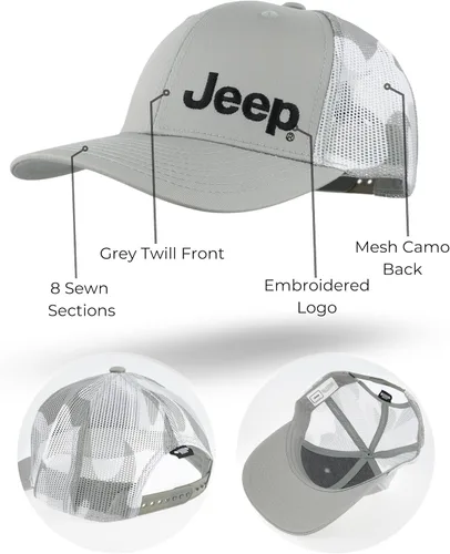 Vista 2 de Jeep Logotipo de texto premium con malla de camuflaje Trucker Dads Hat para hombre, gorra de béisbol, sombrero de polo Camuflaje gris jaspeado