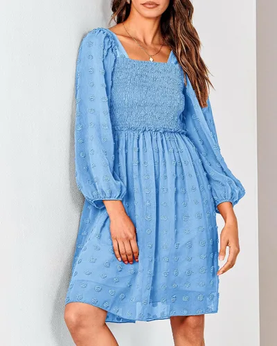 Vista 8 de BTFBM Vestidos fruncidos con cuello cuadrado para mujer, verano, otoño, manga larga, floral, lunares suizos, volantes, mini vestido bohemio